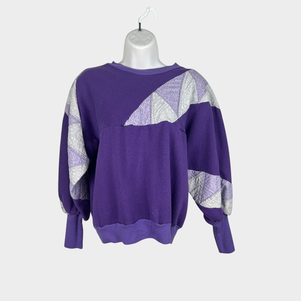 80s purple crew neck sweatshirt patchwork floral altered‎ balloon sleeves M/L